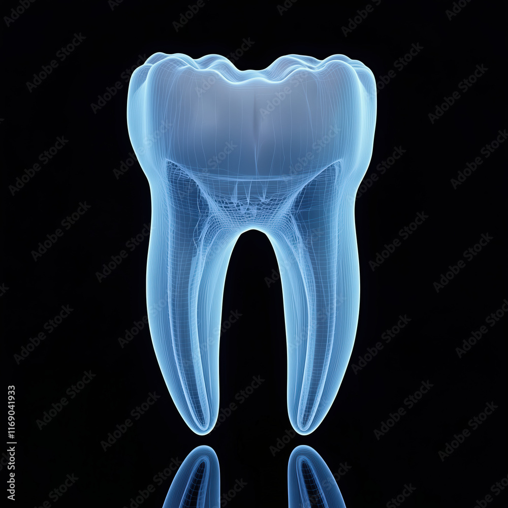 3D X-ray model of a tooth with a blue glow on a black background