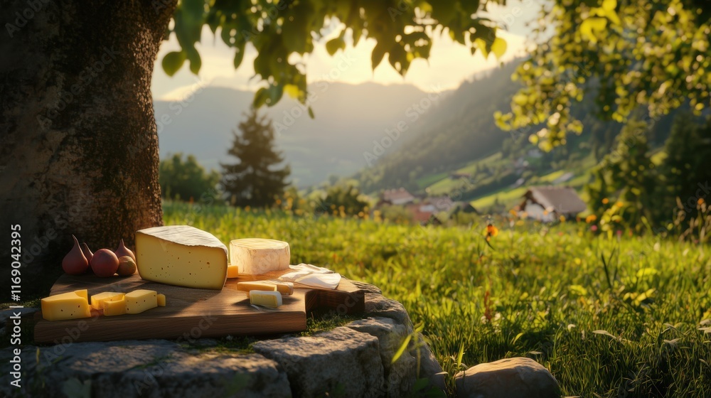 Beautiful cheese platter set outdoors in the countryside during golden hour with mountain views in the background Beautiful cheese platter set outdoors in the countryside during golden hour with mountain views in the background