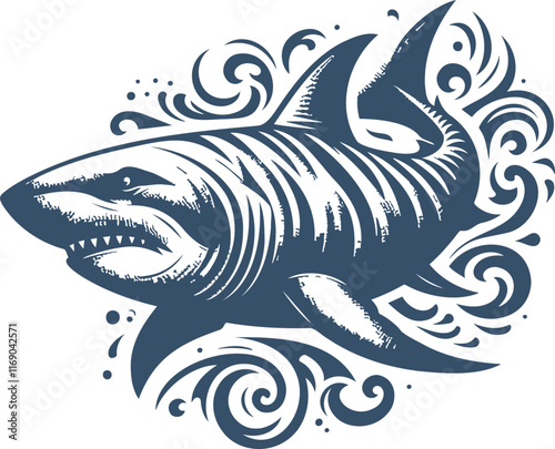 Elegant Navy Blue Shark Art Design with Decorative Swirl Pattern photo