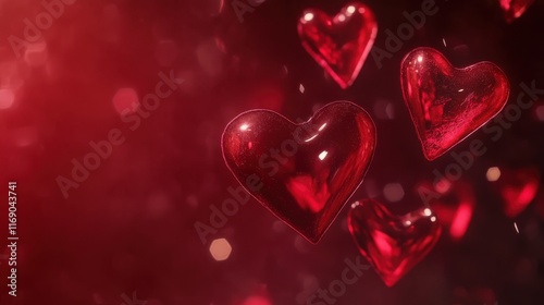 Floating red hearts create a romantic atmosphere during a festive celebration in a dimly lit setting