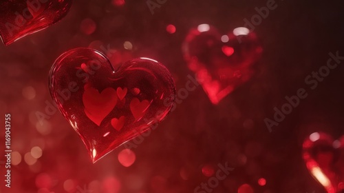 Floating red hearts create a romantic atmosphere in a dreamy setting with a blurred background