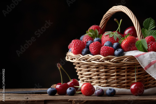 A rustic wicker basket filled with strawberries, raspberries, blueberries, and cherries, styled on a wooden table with a dark background for contrast.