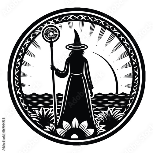 A silhouette of a woman with a pointed hat holding a staff, surrounded by the faint outline of a glowing aura