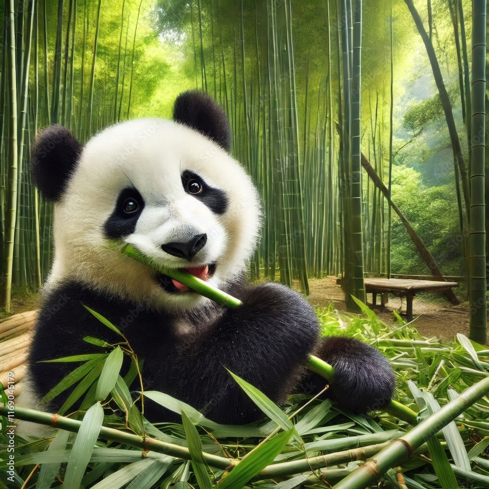 Fototapeta premium A playful panda munching on bamboo in its natural habitat, surrounded by a dense bamboo forest, showcasing the peaceful lifestyle of these gentle creatures.