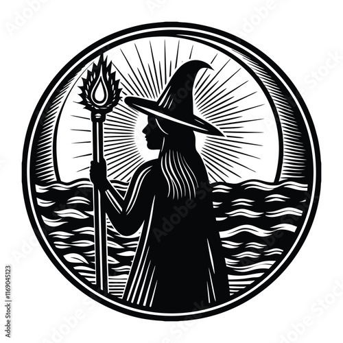 A silhouette of a woman with a pointed hat holding a staff, surrounded by the faint outline of a glowing aura