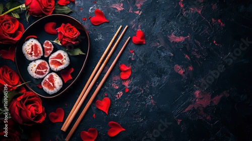 Heart shaped Valentine day sushi set. Classic sushi rolls, philadelphia, maki set for two, with two pairs of chopsticks for Valentine's dating dinner, with rose flowers bouquet on dark background photo