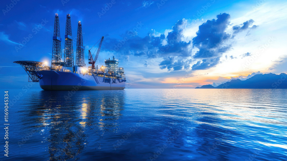 Fototapeta premium Massive offshore drilling rig illuminated at sunset over calm waters