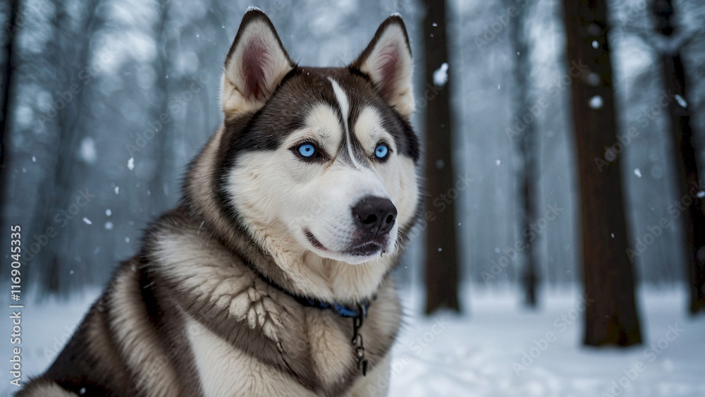 Naklejka premium Siberian Husky in Snowy Forest - Striking Winter Portrait