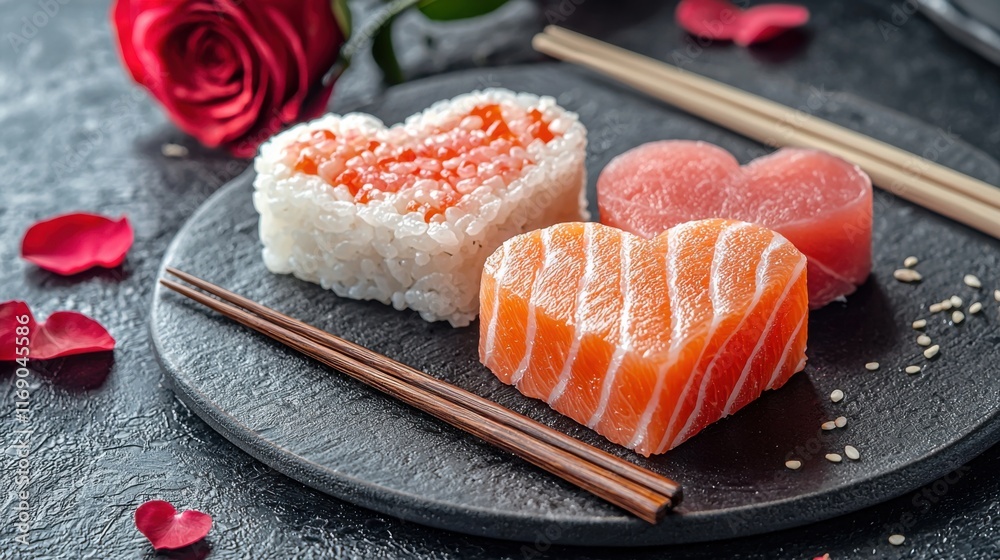 Heart shaped Valentine day sushi set. Classic sushi rolls, philadelphia, maki set for two, with two pairs of chopsticks for Valentine's dating dinner, with rose flowers bouquet on dark background Heart shaped Valentine day sushi set. Classic sushi rolls, philadelphia, maki set for two, with two pairs of chopsticks for Valentine's dating dinner, with rose flowers bouquet on dark background