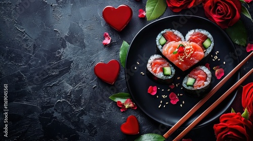 Heart shaped Valentine day sushi set. Classic sushi rolls, philadelphia, maki set for two, with two pairs of chopsticks for Valentine's dating dinner, with rose flowers bouquet on dark background photo