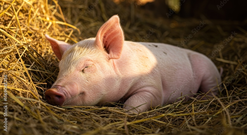 Pink Piglet Sleeping Peacefully In Hay Pink Piglet Sleeping Peacefully In Hay