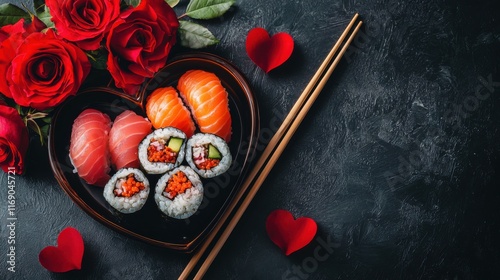 Heart shaped Valentine day sushi set. Classic sushi rolls, philadelphia, maki set for two, with two pairs of chopsticks for Valentine's dating dinner, with rose flowers bouquet on dark background photo