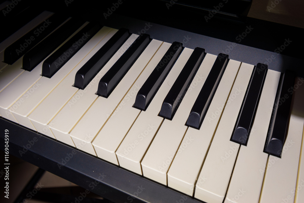 A digital piano keyboard close-up A digital piano keyboard close-up