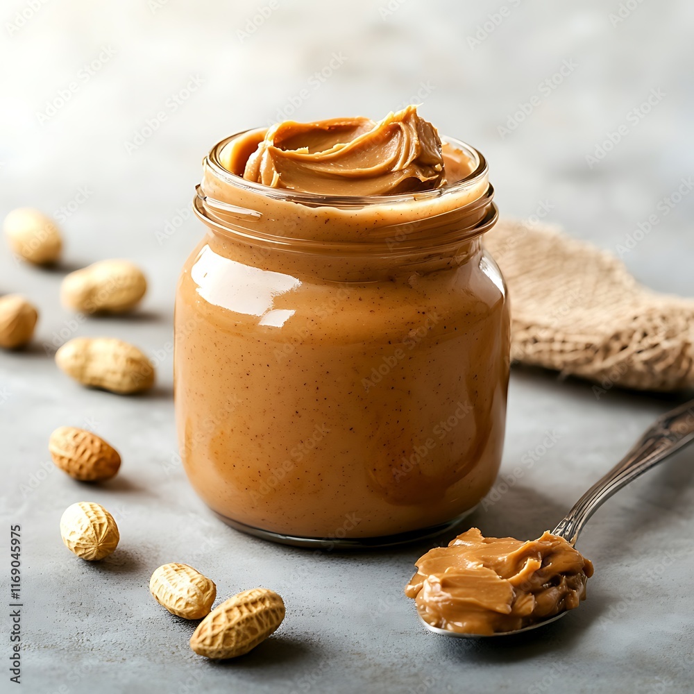Delicious peanut butter in glass jar and spoon on grey background Delicious peanut butter in glass jar and spoon on grey background