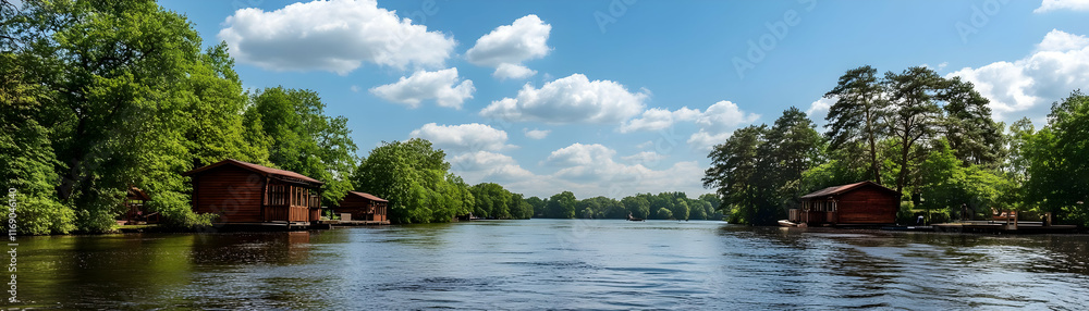 Fototapeta premium Lakefront Cabins Summer Landscape Photo