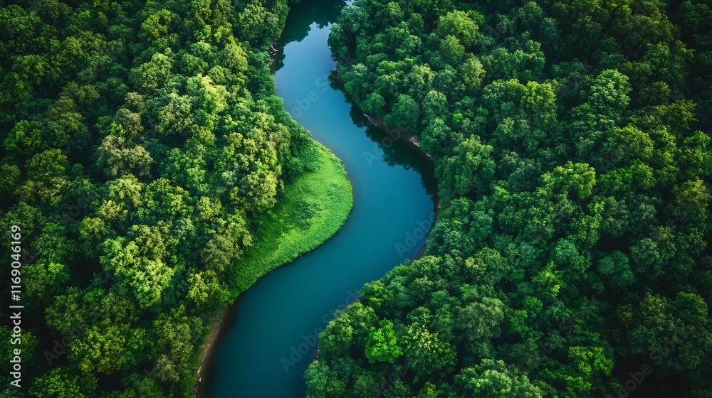 Aerial view of winding river through dense forest emphasizing the importance of water conservation Aerial view of winding river through dense forest emphasizing the importance of water conservation