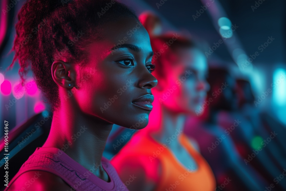 Determined athletes wait in focused anticipation for their turn on the treadmill in a vibrant gym setting with dynamic lighting and a modern interior design Determined athletes wait in focused anticipation for their turn on the treadmill in a vibrant gym setting with dynamic lighting and a modern interior design