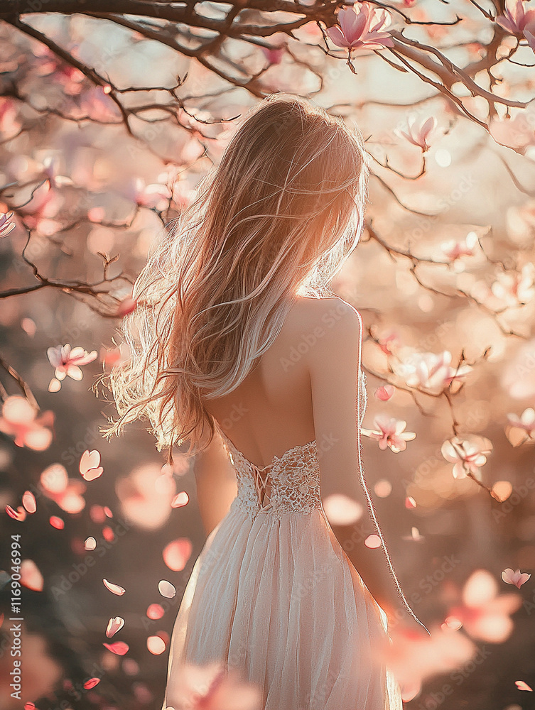 Φωτογραφία Piękna kobieta pod drzewem, wiosenne tło, płatki kwiatów, projekt generative ai