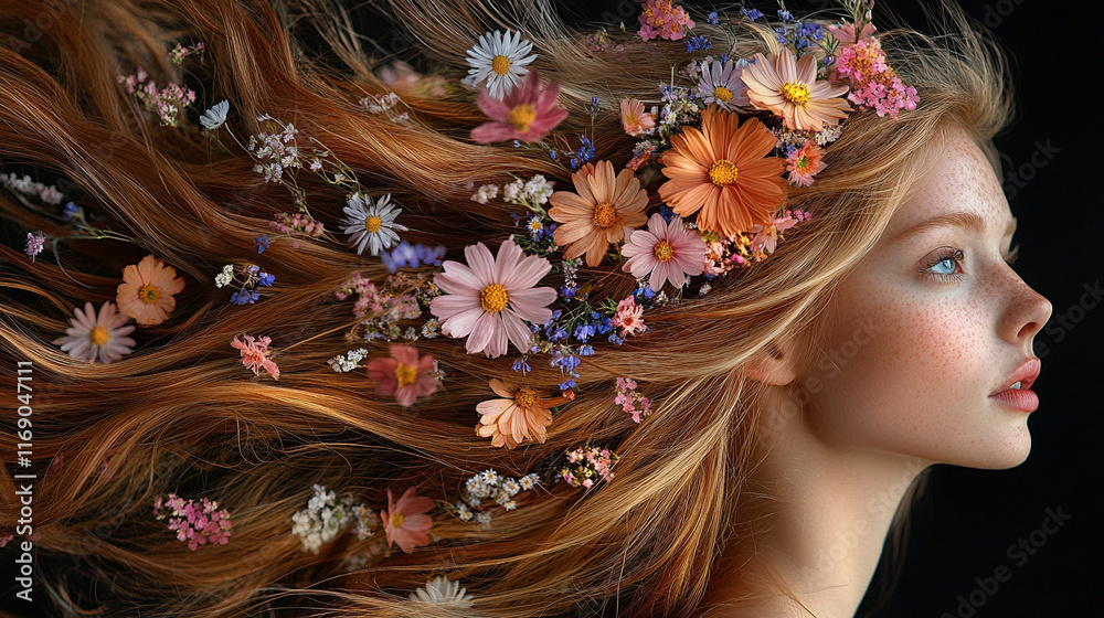 Fototapeta premium Piękna kobieta z kwiatami we włosach, wiosenne tło generative ai