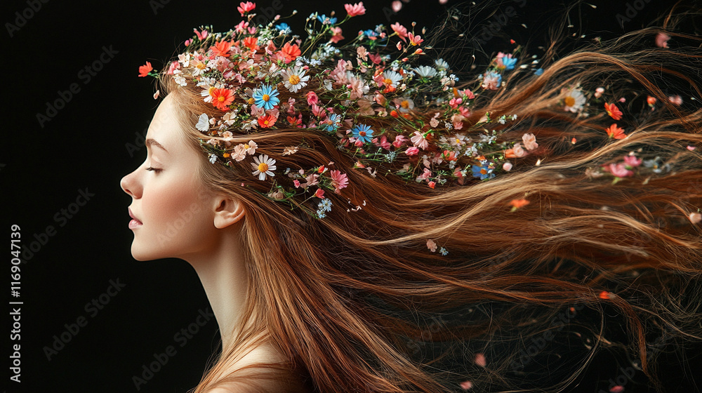 Obraz premium Piękna kobieta z kwiatami we włosach, wiosenne tło generative ai