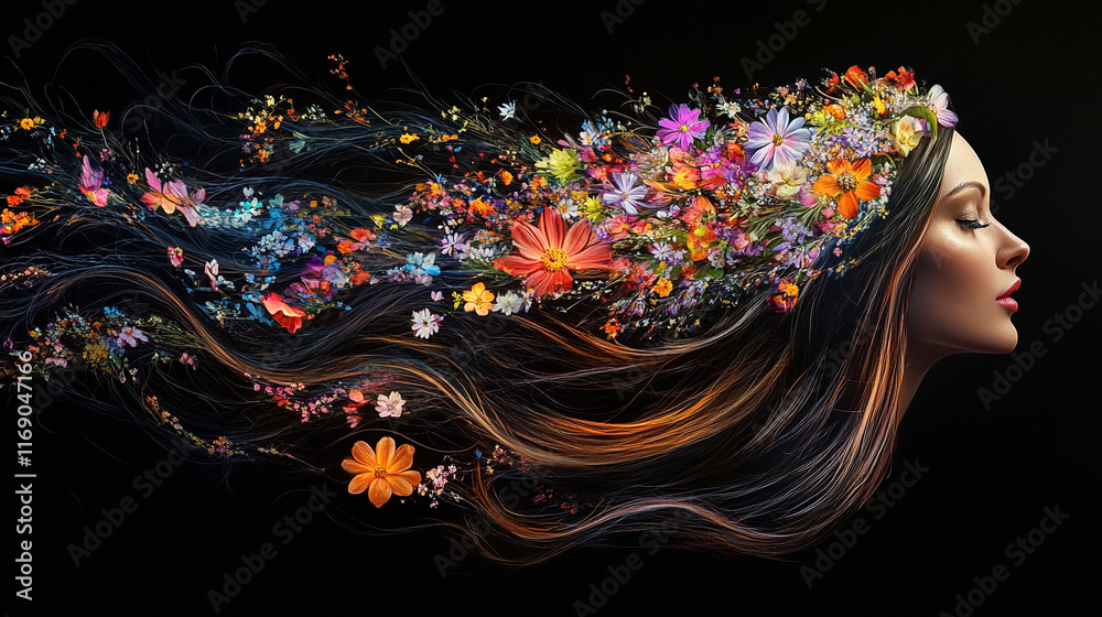 Obraz premium Piękna kobieta z kwiatami we włosach, wiosenne tło generative ai