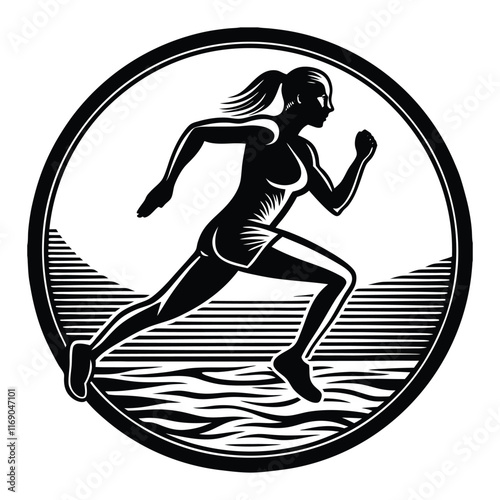 A silhouette of a woman sprinting, with dynamic lines emphasizing speed and determination.