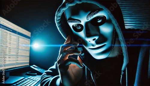 A close-up of a scammer in the middle of a deceptive phone call. The scammer has a calculating and manipulative expression.