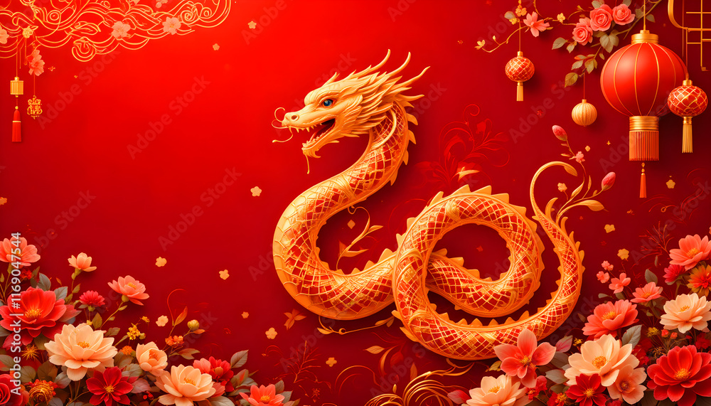 Fototapeta premium Chinese banner, Happy New Year 2025 poster. Snake silhouette icon, 3d flowers, asian clouds on red background.