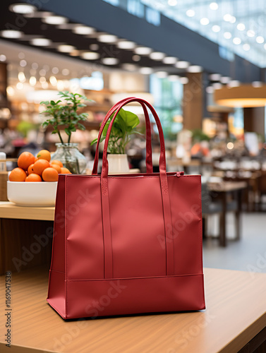 Red tote bag displayed in a modern store setting.
