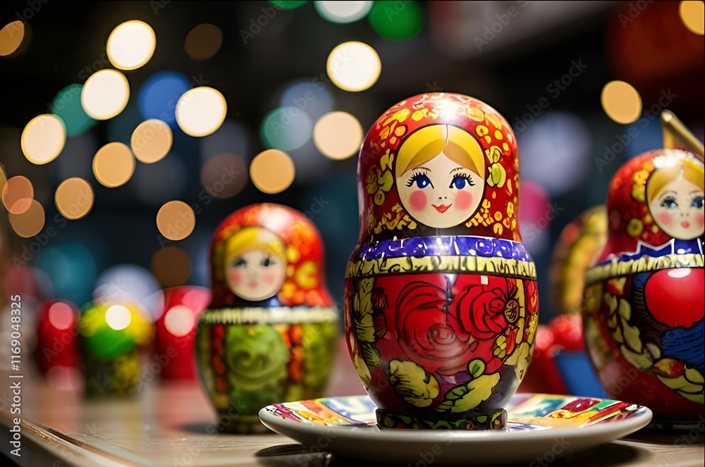 Fototapeta premium Traditional Russian nesting dolls with intricate folk art designs on decorative saucer