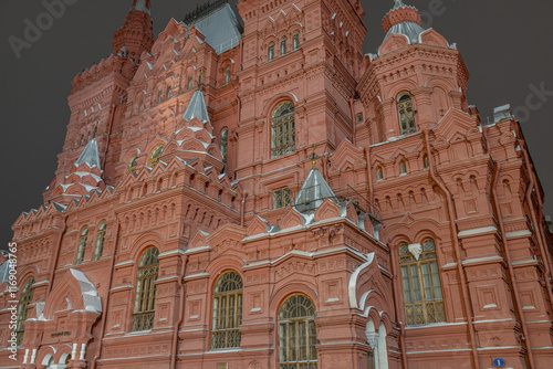 The State Historical Museum on Red Square in Moscow. A historic building in the center of Moscow in winter. History and traditions in architecture.