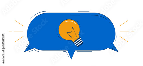 Light bulb enclosed within speech bubble 2D doodle object. Creativity, innovation, bright ideas. Lightbulb cartoon element flat vector clipart isolated on white background. Hand drawn illustration