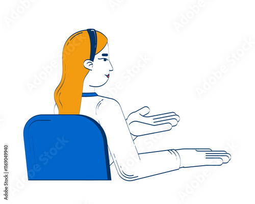 Business casual blonde woman gesturing while seated in chair 2D doodle character. Discussion. Female conversational pose cartoon person vector drawing isolated on white. Hand drawn illustration
