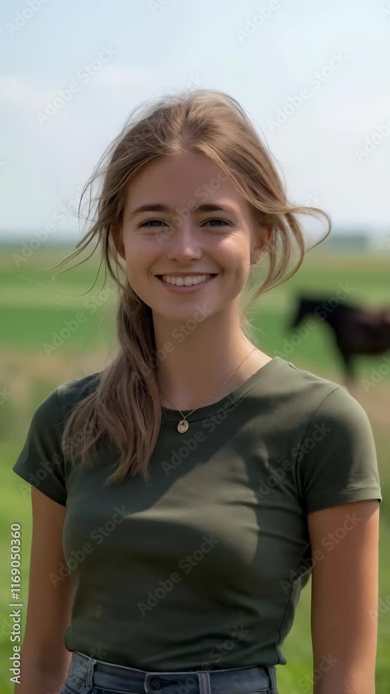 Young woman smiling broadly in a green field, wind gently blowing her hair, under a clear sky Young woman smiling broadly in a green field, wind gently blowing her hair, under a clear sky