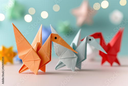 A close-up of brightly colored origami cranes in orange, blue, and red, displayed against a soft pastel background with bokeh lights, showcasing creativity and craftsmanship.
 photo