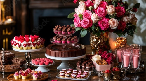 A luxurious Valentineâ€™s dessert table featuring chocolate fondue, heart-shaped treats, and a centerpiece of roses, [Valentineâ€™s celebration], [decadence and charm]