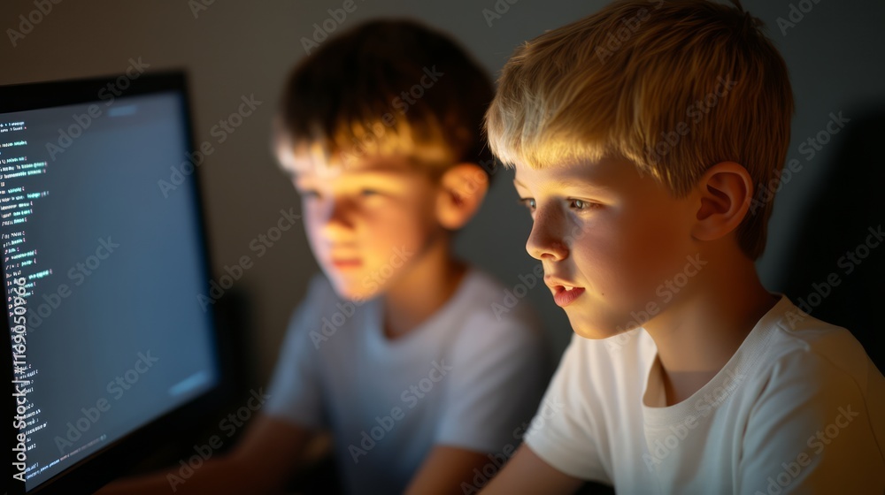 Two Young Boys Engrossed in Computer Programming Together, Illuminated by a Monitor Screen, Displaying Lines of Code in a Dimly Lit Room Two Young Boys Engrossed in Computer Programming Together, Illuminated by a Monitor Screen, Displaying Lines of Code in a Dimly Lit Room