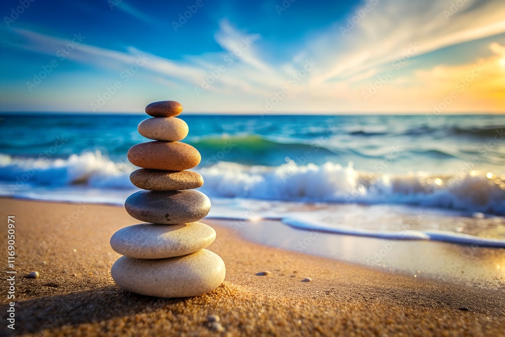 Fototapeta premium Stacked Pebbles on Sandy Beach at Sunset. Zen smooth stones on sandy beach with ocean waves and a vibrant sunset sky in the background