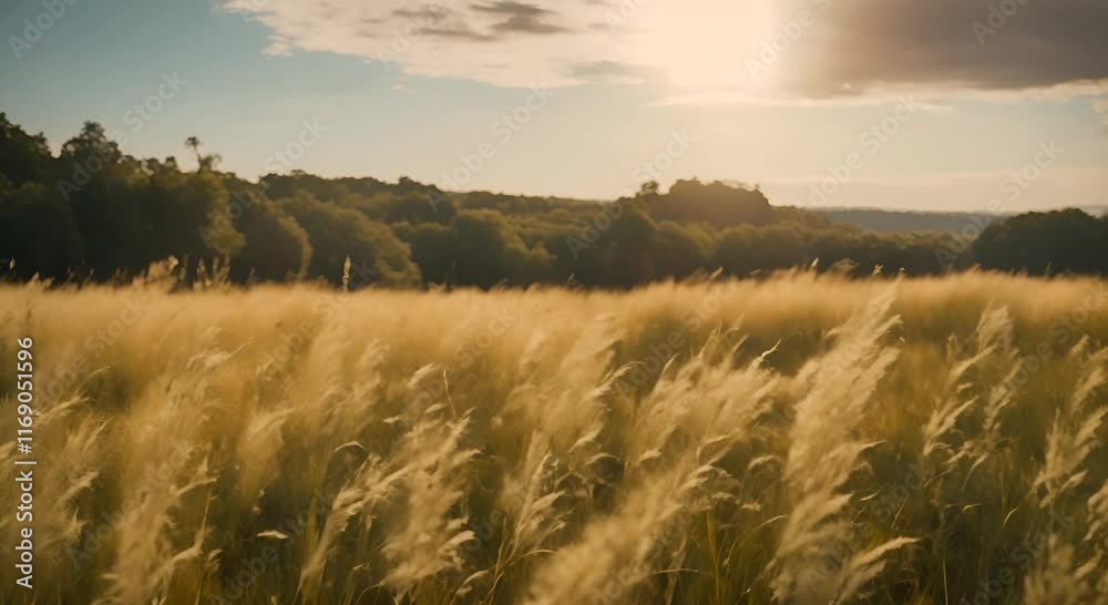 The gentle sway of tall grasses in a sunlit meadow, with the camera slowly panning across the horizon as clouds drift by The gentle sway of tall grasses in a sunlit meadow, with the camera slowly panning across the horizon as clouds drift by