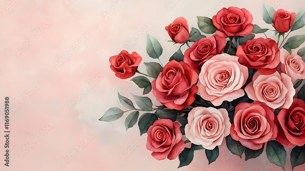 Romantic bouquet of red and pink roses with green leaves on a soft pink background. Romantic bouquet of red and pink roses with green leaves on a soft pink background.