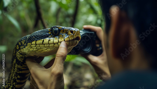 A man capturing a photo of a large snake in the jungle, a moment of thrilling surprise. photo