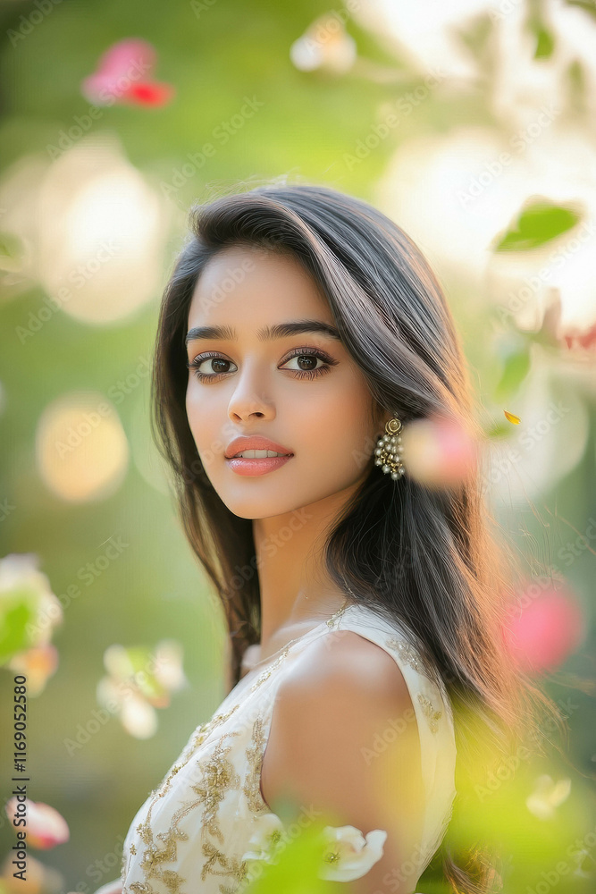 A beautiful Indian woman in a romantic garden A beautiful Indian woman in a romantic garden