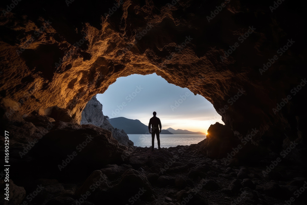 Silhouette of a Person Standing in Cave Entrance at Sunset Silhouette of a Person Standing in Cave Entrance at Sunset
