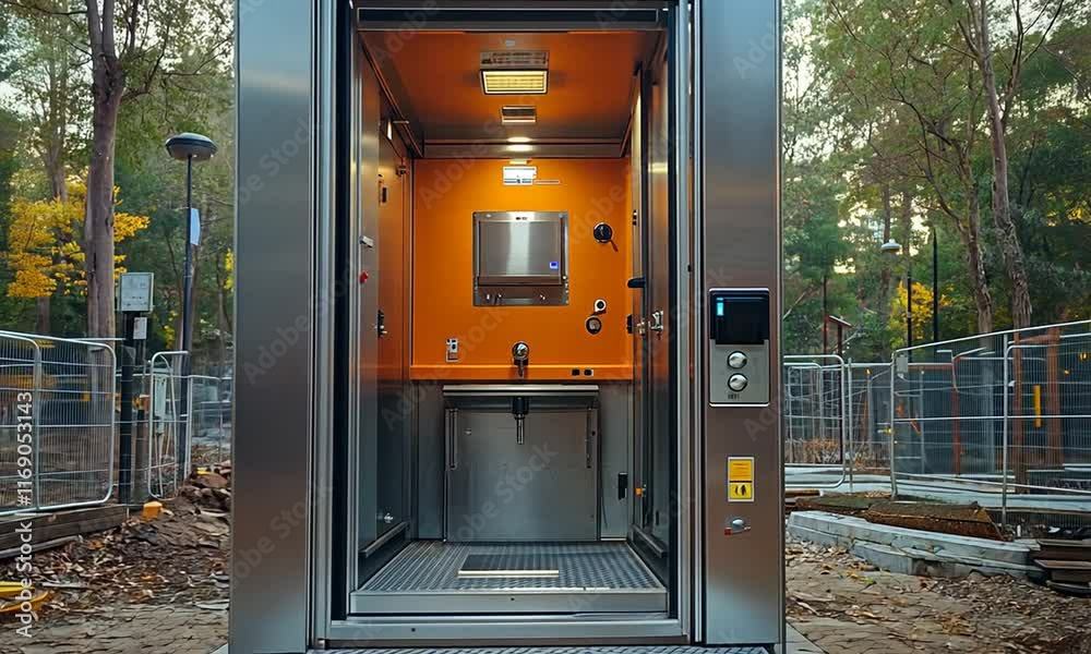 A modern, metallic structure with an orange interior and lighting. A modern, metallic structure with an orange interior and lighting.