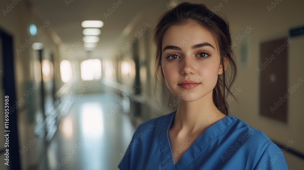 Beautiful young brown-haired female doctor with a warm smile, happily enjoying her work at the hospital Beautiful young brown-haired female doctor with a warm smile, happily enjoying her work at the hospital