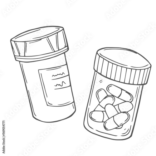 Vector sketch pills, tablet, capsule and package bottle isolated on white background. Hand drawn medical illustration. For print, web, design, decor, logo.