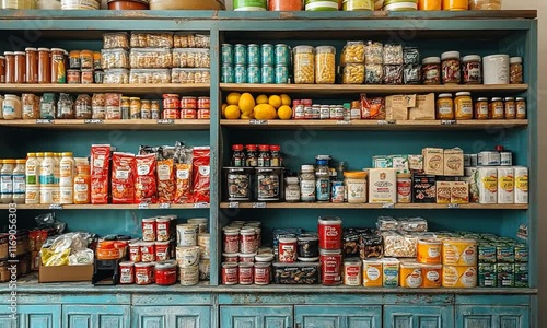 Colorful shelves filled with various food items and pantry staples.