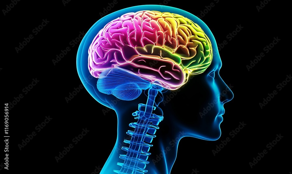 Obraz premium Rainbow-colored brain, head, neck, spine, dark background.