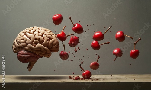 Brain model bombarded by falling fruit. photo