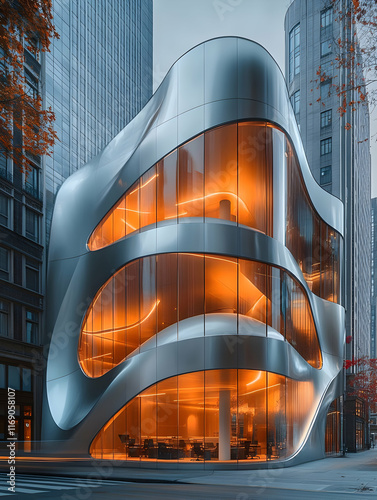 Futuristic building with warm interior lighting at dusk.